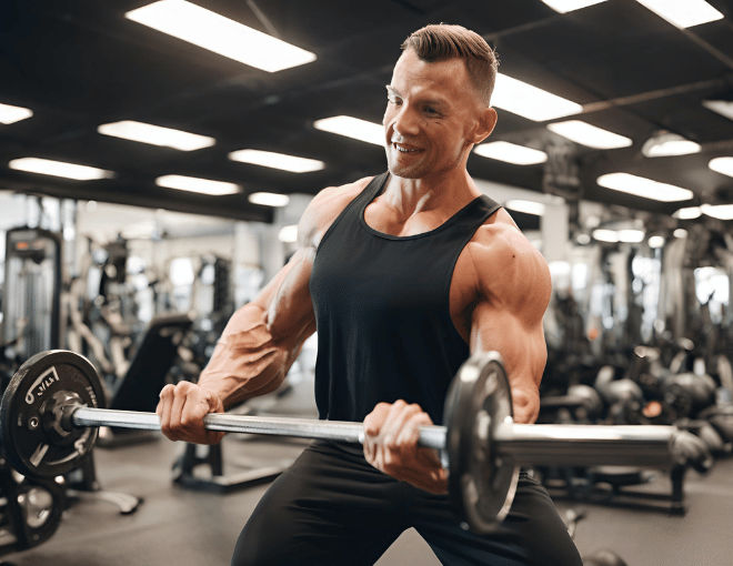 A muscular man with defined abs lifts heavy weights in the gym, showcasing his strength and dedication to fitness.