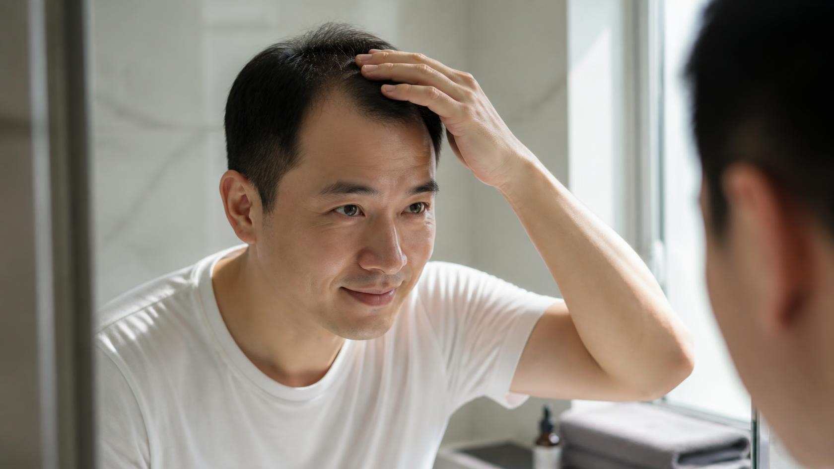 A hopeful man calmly applies scalp solution in sunlit bathroom, smiling gently at mirror.